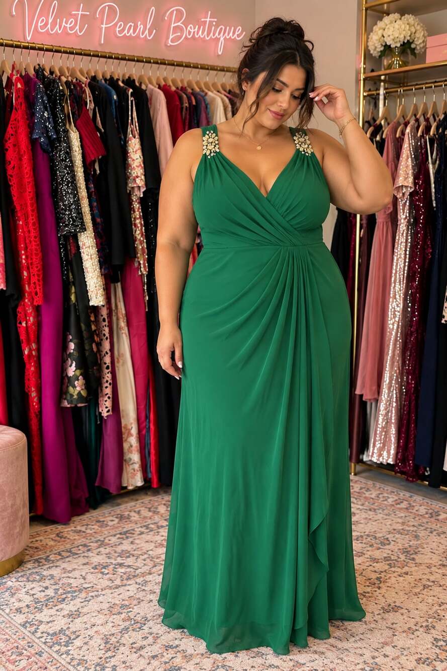 Gown Style 94589 Size 14W Dark Green Chiffon